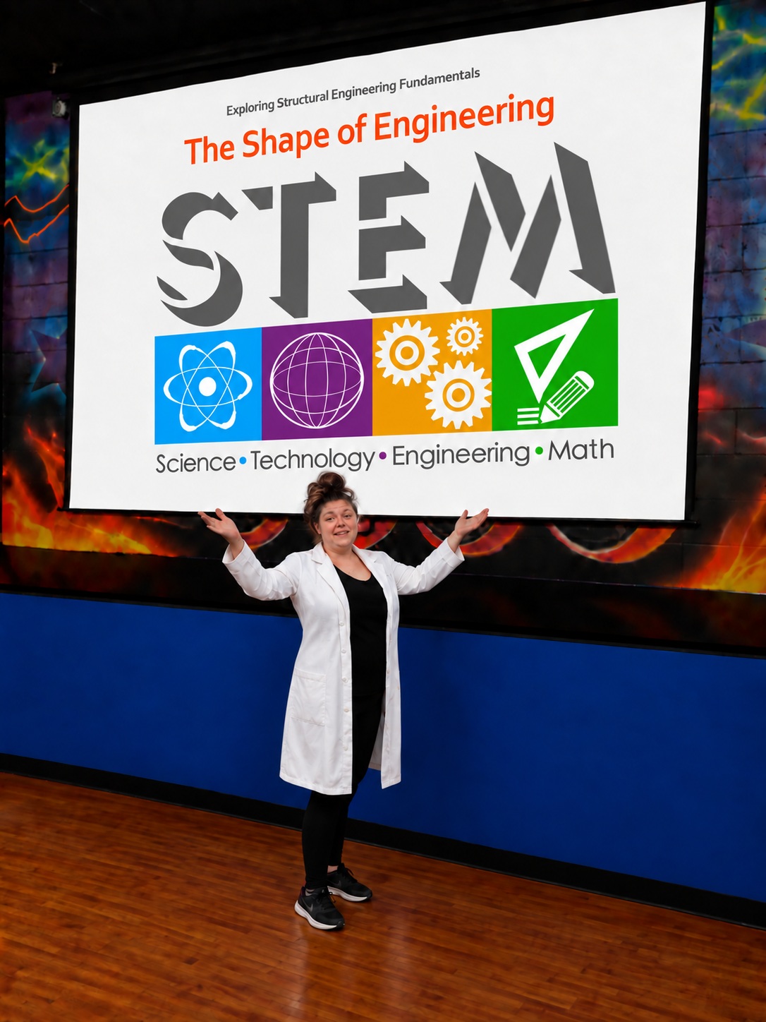 Alexandria wearing a white lab coat beneath an engineering display