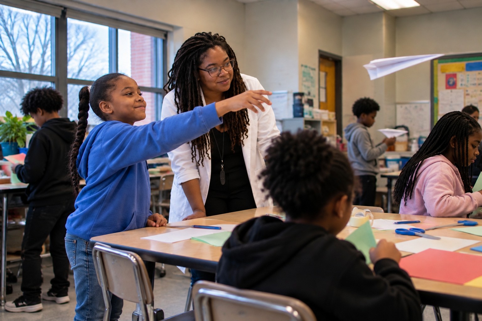 A student testing a paper airplane with an educator
