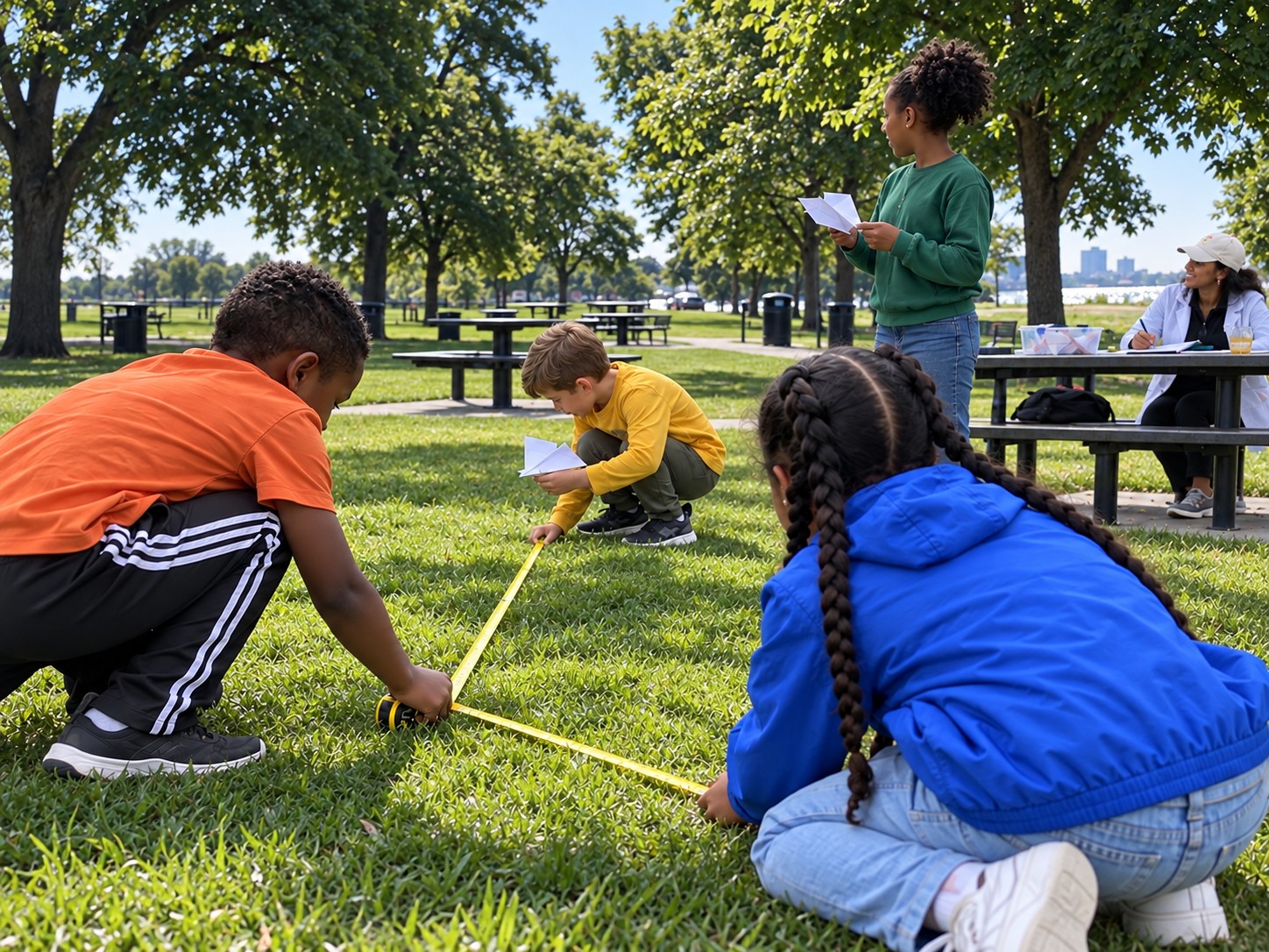 Children testing paper airplanes and measuring flight distances in a neighbourhood park