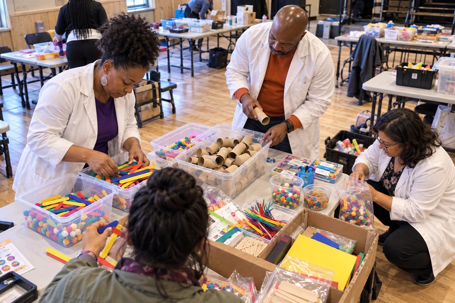 Educators preparing hands-on stations for a Family STEAM Night