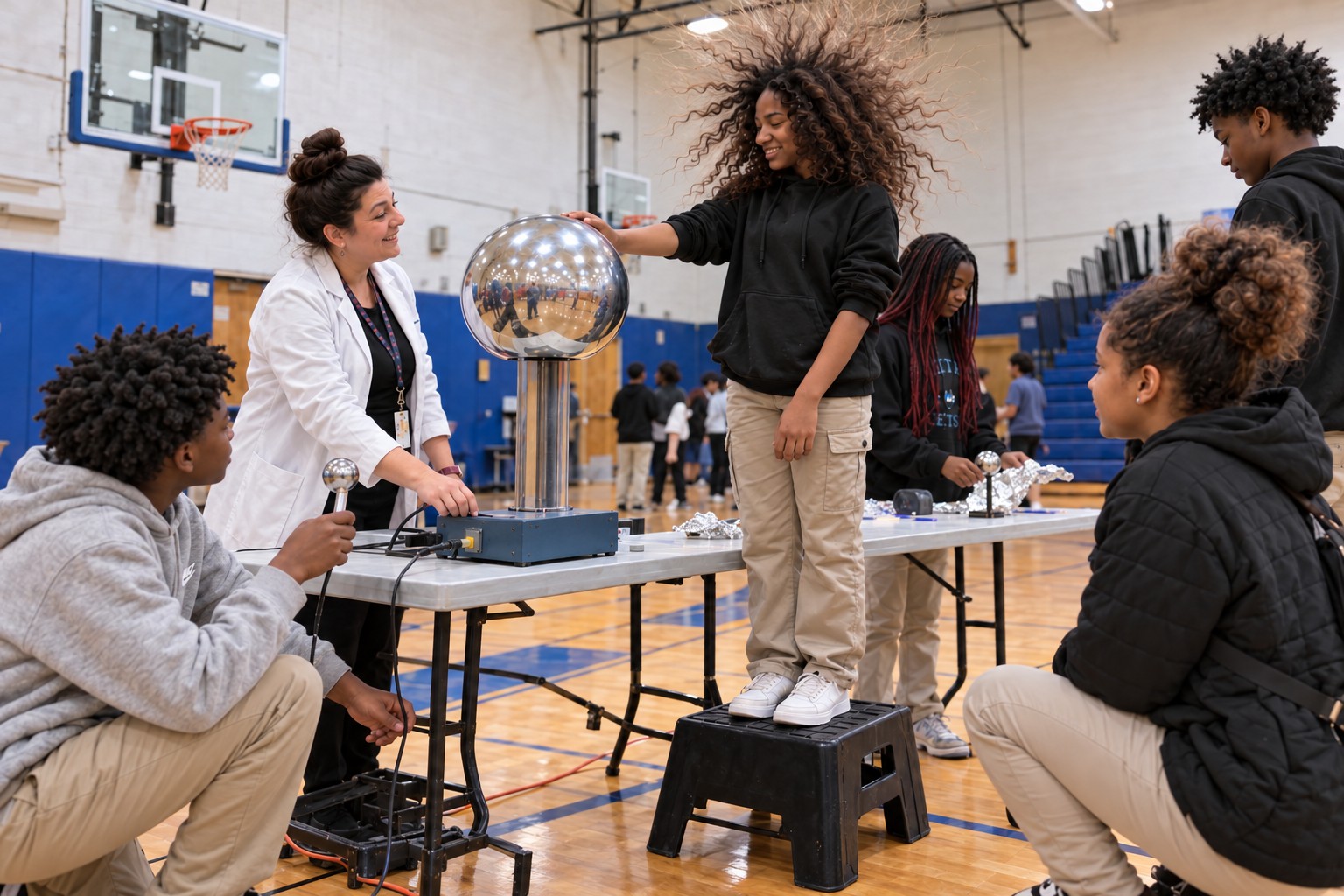 Middle school students exploring static electricity with a Van de Graaff generator and their teacher in a gym