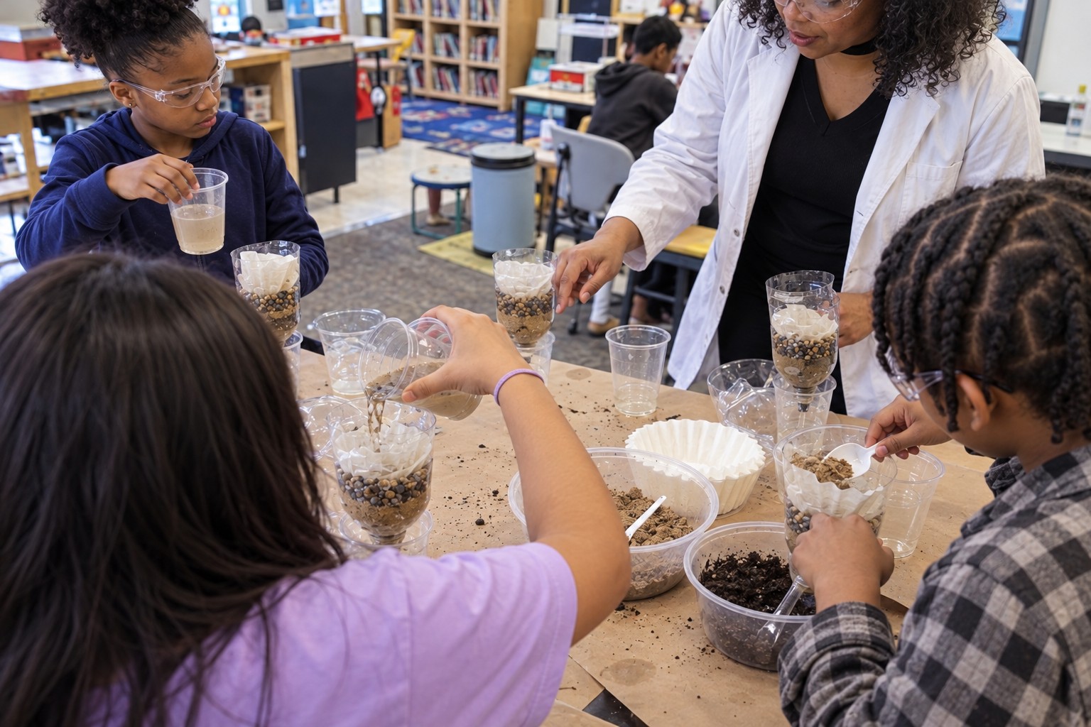 Students investigating layered sand and gravel water filters