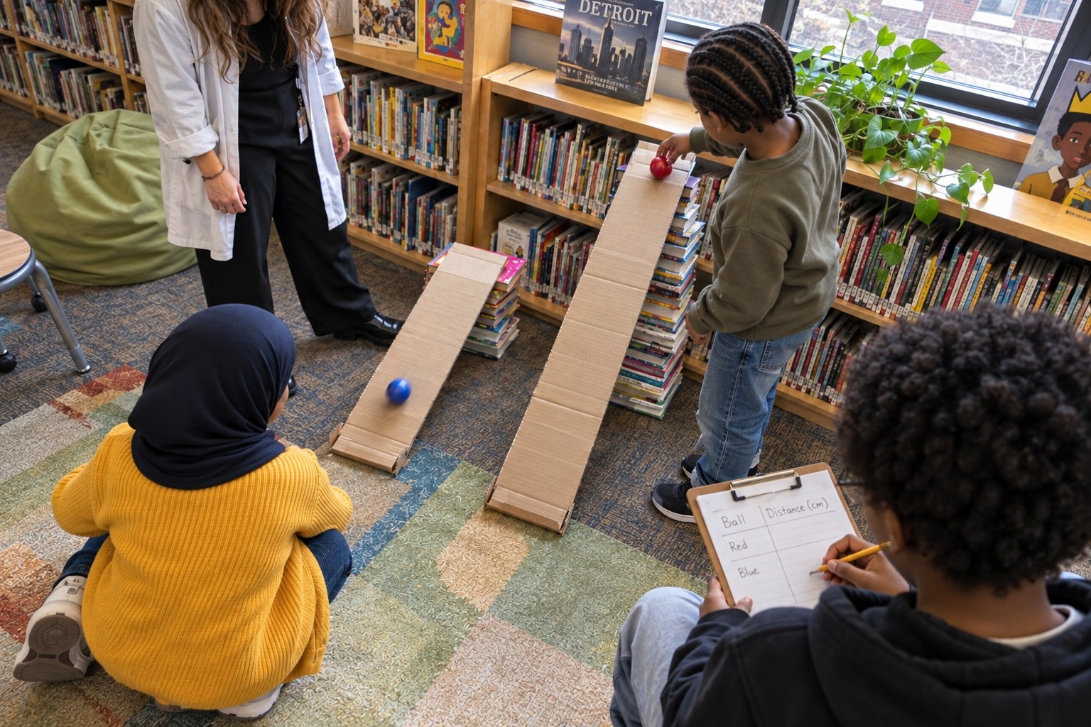 Children comparing rolling balls on cardboard ramps in a library