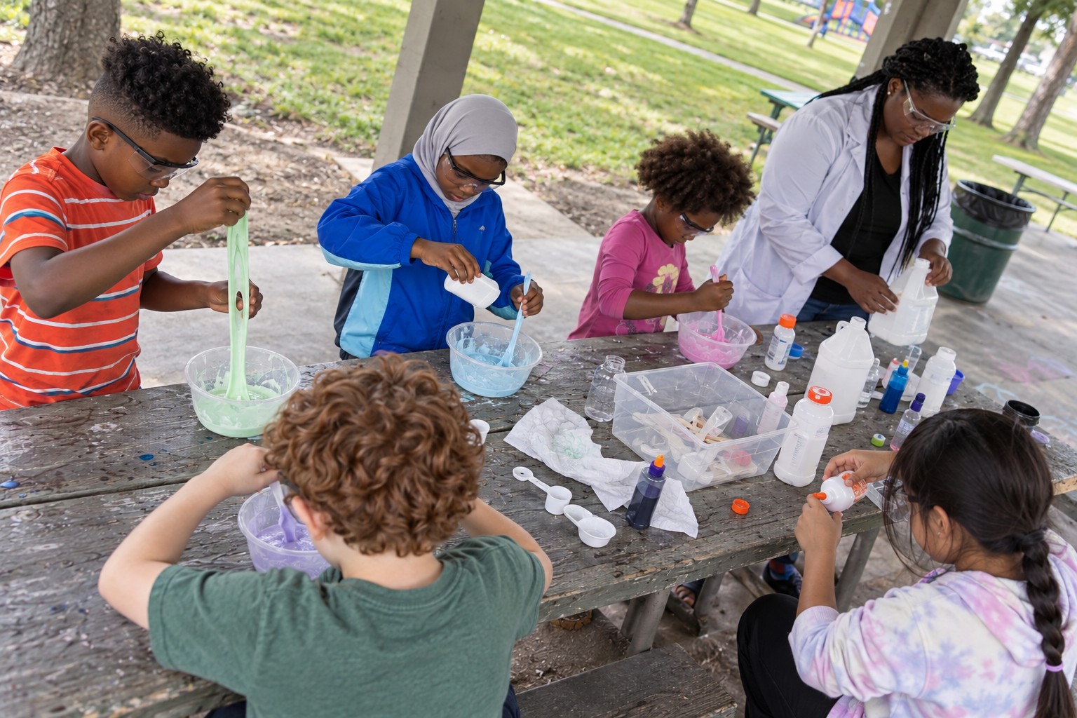 Children wearing goggles and making slime at a park picnic table